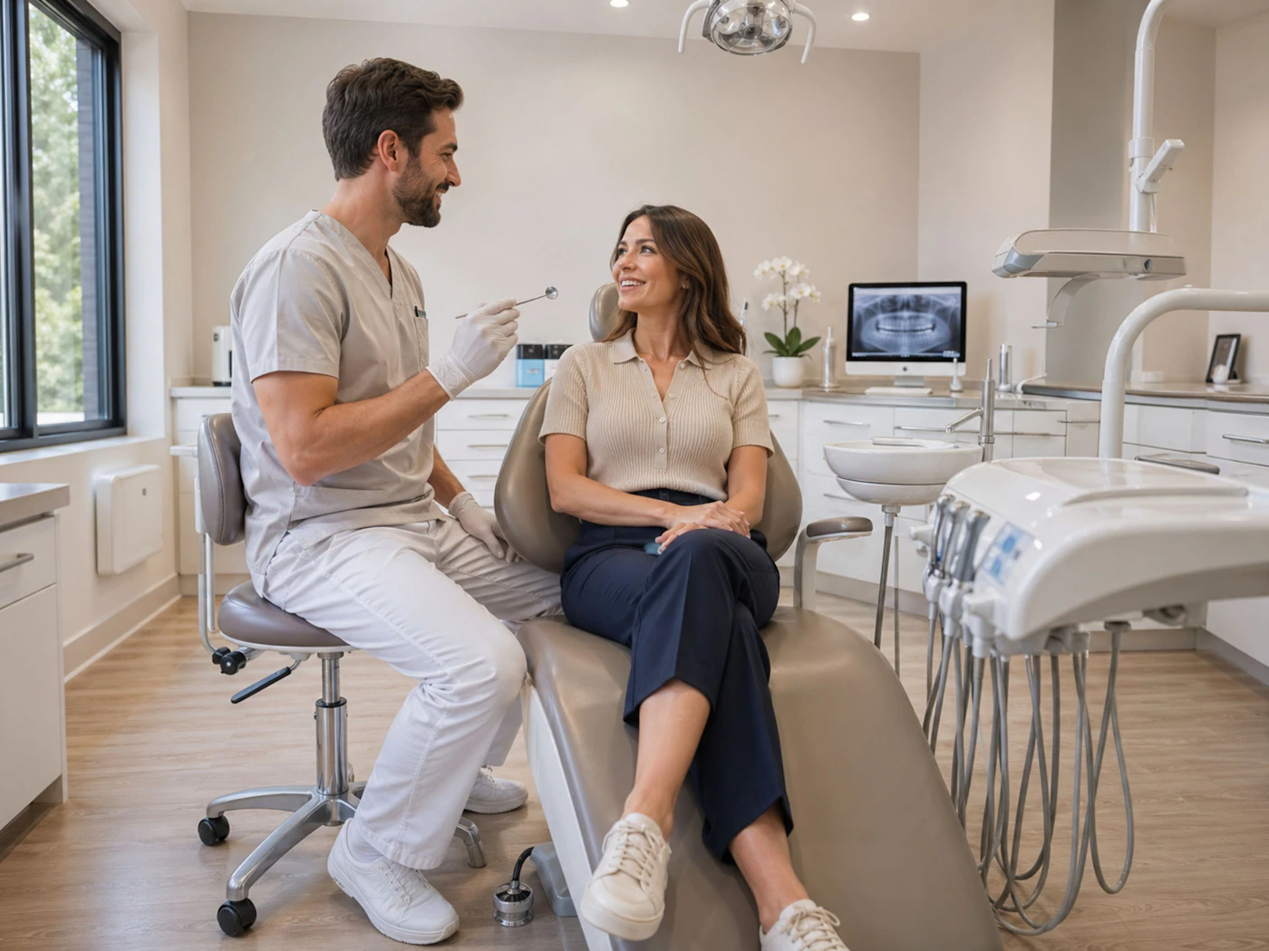 An orthodontist explaining a treatment plan to a patient